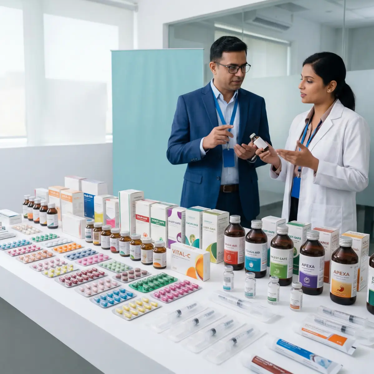 Pharmaceutical professional examining medicines, symbolizing expertise and quality control.